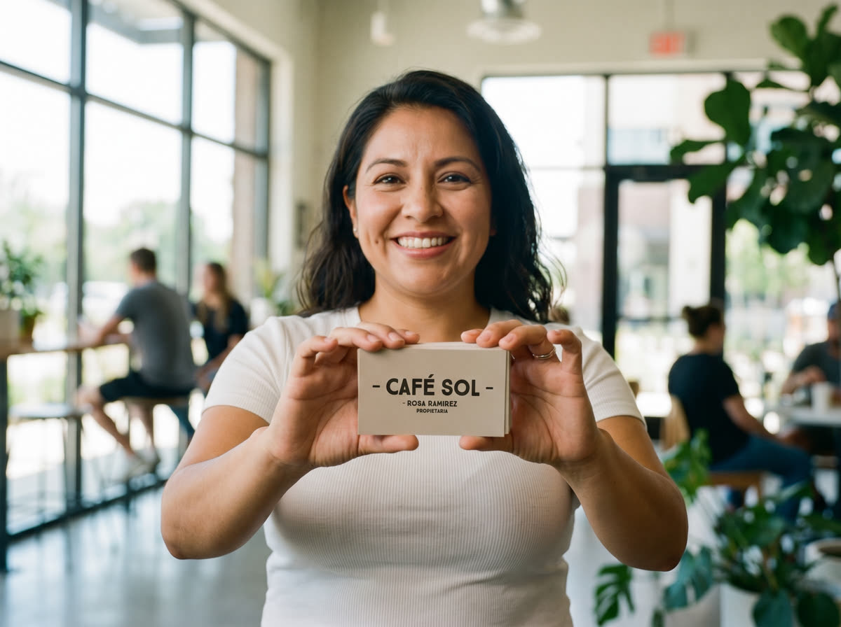 Small business owner proudly showing off her freshly printed business cards