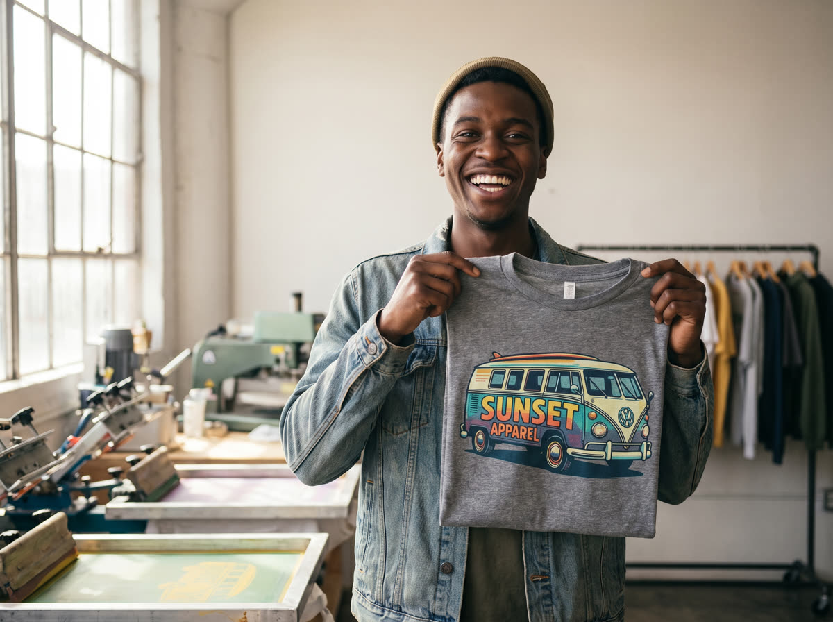 Apparel maker grinning as he holds up a freshly printed custom t-shirt