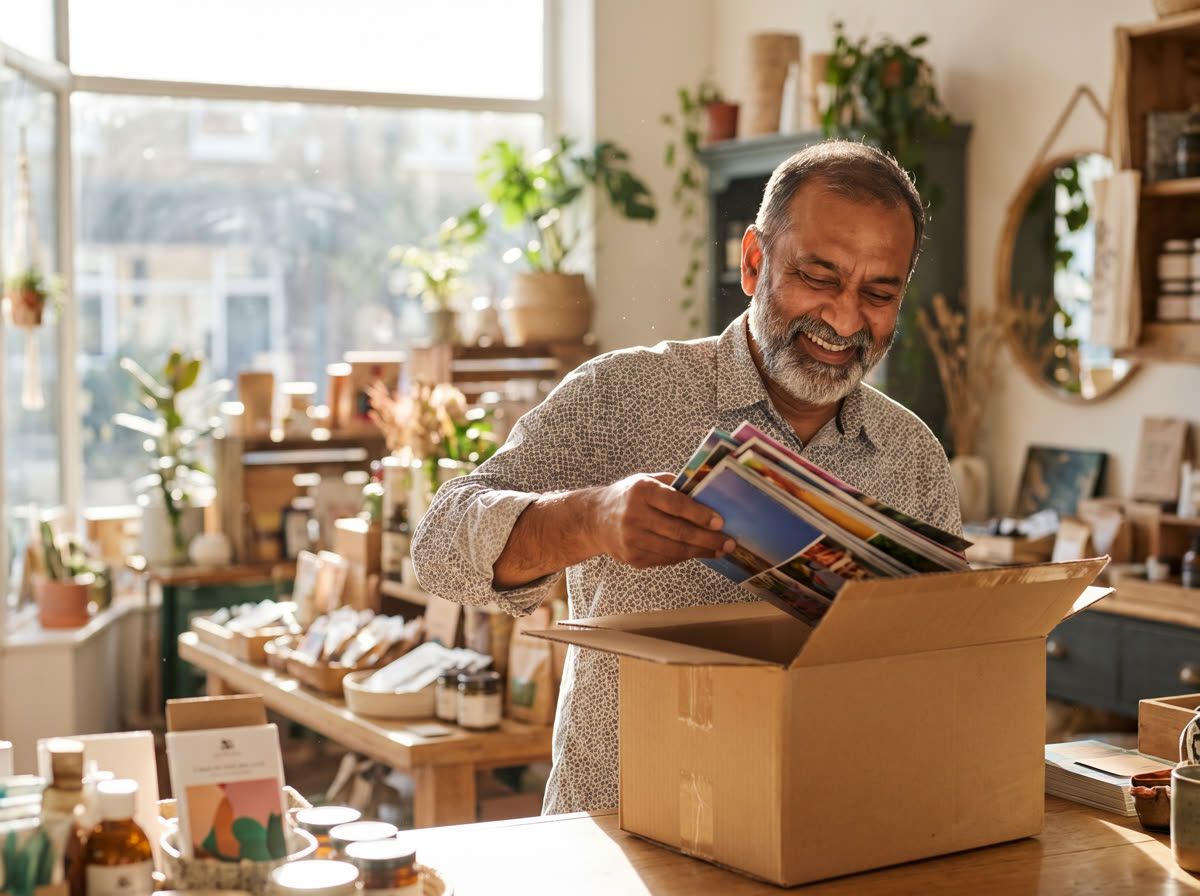 Shop owner opening a box of freshly printed brochures