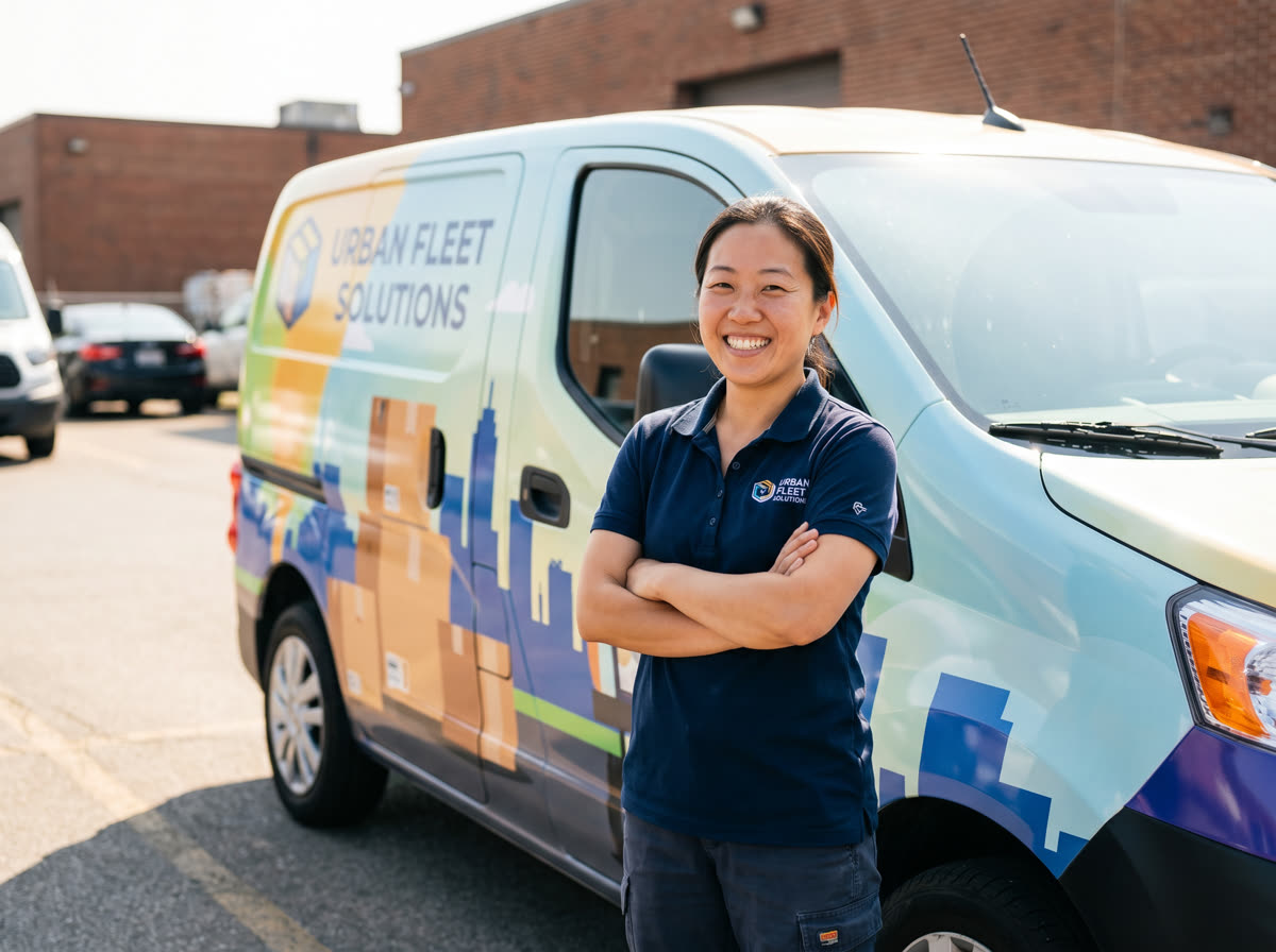 Fleet operator smiling next to her freshly wrapped delivery van