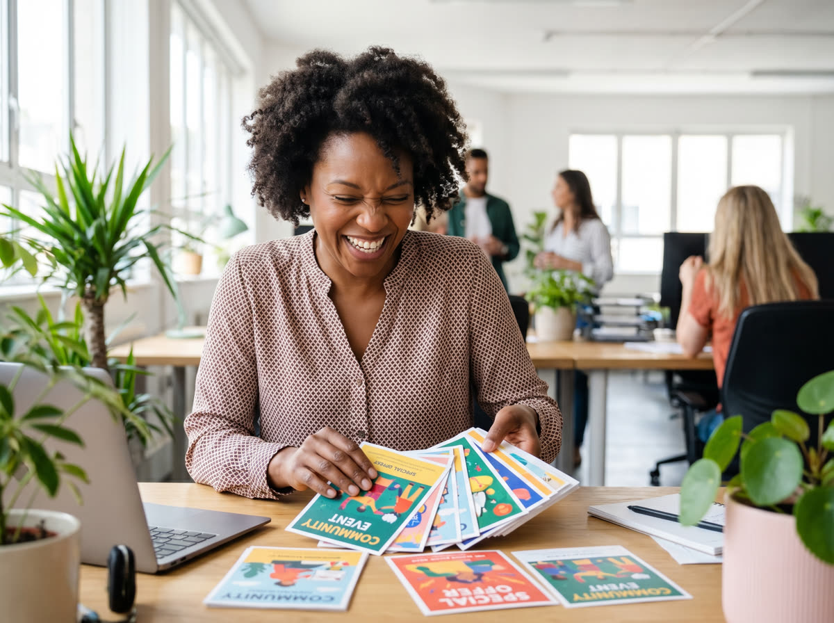 Marketer laughing as she fans out freshly printed direct-mail postcards